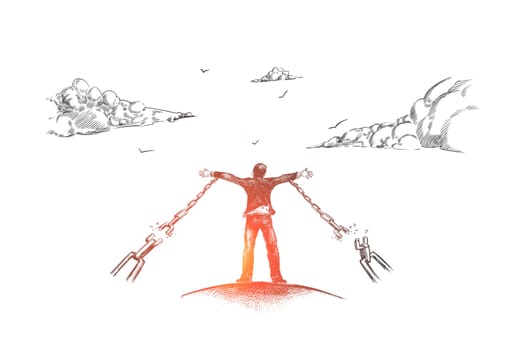 Freedom, business, freelance, chains, lifestyle concept. Hand drawn man tore the shackles concept sketch. Isolated vector illustration.