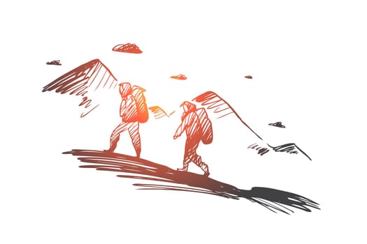 Conquer, achieve, together, challenge, climbing concept. Hand drawn persons climbing on mountain concept sketch. Isolated vector illustration.