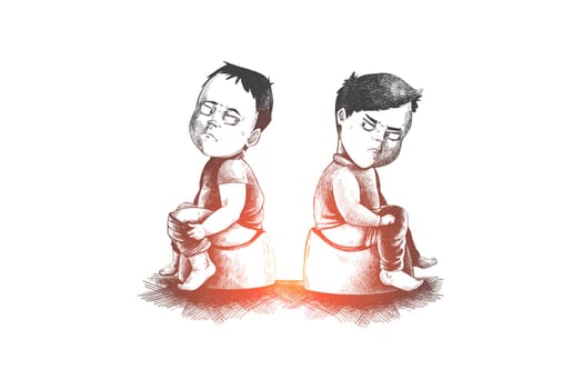 Competition, envy, espionage, business, rivalry concept. Hand drawn two kids sitting back to back and conflict concept sketch. Isolated vector illustration.