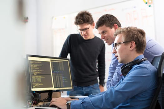 Startup business and entrepreneurship. Young software developers team brainstorming and programming on desktop computer in startup company share office space.