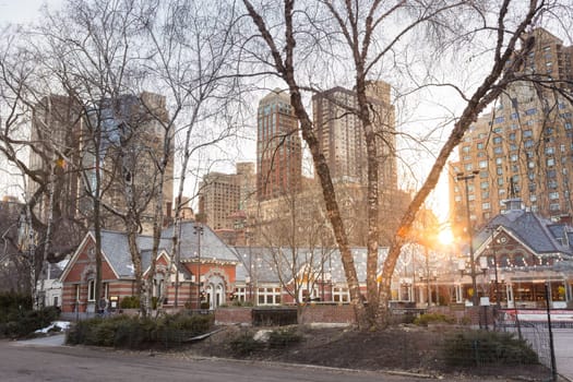 New York City, Central Park with Tavern On the Green in winter time.