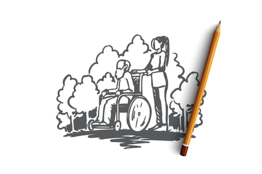 Retirement home, old man, elderly, pensioner, health concept. Hand drawn old man on wheelchair with social worker concept sketch. Isolated vector illustration.
