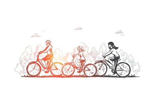 Family, bicycle, sport, activity, together concept. Hand drawn family with kids riding bicycles concept sketch. Isolated vector illustration.