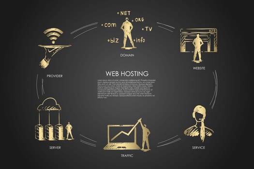 Web hosting, domain, website, traffic, provider vector set