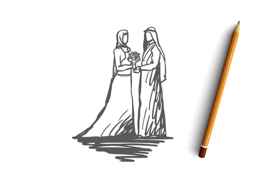 Wedding, bride, together, betrothal, islam concept. Hand drawn concept. Hand drawn bride and groom in muslim wedding dress concept sketch. Isolated vector illustration.