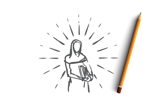 Education, student, muslim, arabic, islam, library concept. Hand drawn silhouette of female muslim student with books in hands concept sketch. Isolated vector illustration.