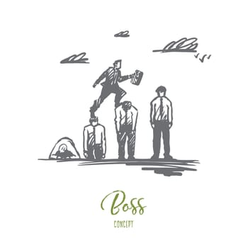 Boss, businessman, career, advantage concept. Hand drawn leader successfully jumping over all obstacles concept sketch. Isolated vector illustration.