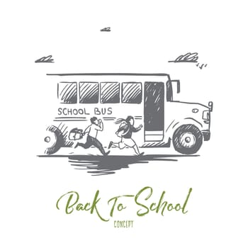 Back to school, rush, purpose, first of September concept. Hand drawn school bus with pupils concept sketch. Isolated vector illustration.
