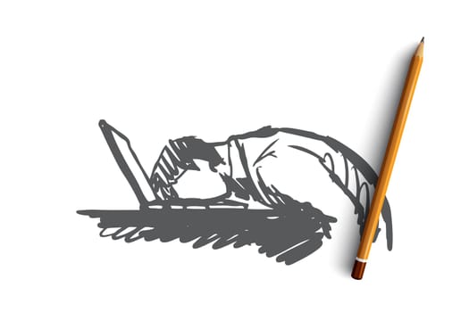 Businessman, stress, tiredness, programmer, overwork concept. Hand drawn businessman sleeping at workplace concept sketch. Isolated vector illustration.