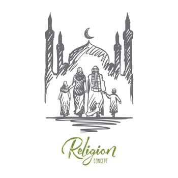 Religion, family, muslim, arabic, islam, mosque concept. Hand drawn traditional muslim family with kids concept sketch. Isolated vector illustration.