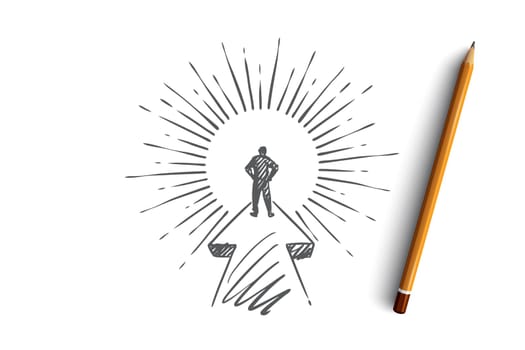 Goal, career, startup, leader, businessman concept. Hand drawn purposeful businessman on his way concept sketch. Isolated vector illustration.