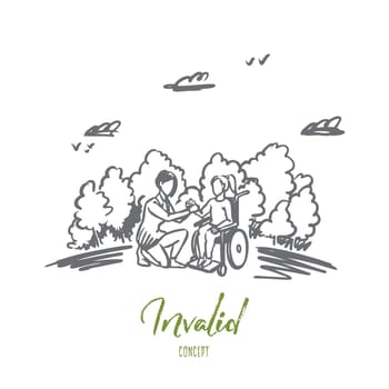 Invalid, disabled, help, medicine, hospital concept. Hand drawn woman on wheelchair with social worker concept sketch. Isolated vector illustration.