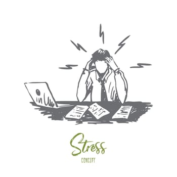 Businessman, work, stress, financial report concept. Hand drawn upset man at work place with laptop concept sketch. Isolated vector illustration.