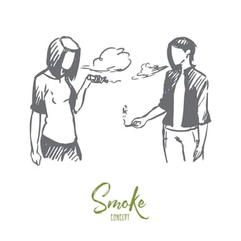 Vape, e-cigarette, girl, smoke concept. Hand drawn teenage girls vaping e-cigarettes image concept sketch. Isolated vector illustration.