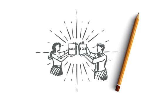 Teacher, education, school, knowledge, lesson concept. Hand drawn male and female school teachers concept sketch. Isolated vector illustration.