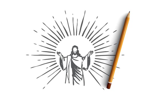 God, Jesus christ, grace, good, ascension concept. Hand drawn silhouette of Jesus christ, the son of god concept sketch. Isolated vector illustration.