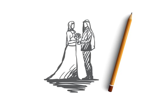 Wedding, groom, bride, couple, muslim concept. Hand drawn muslim wedding, groom and bride concept sketch. Isolated vector illustration
