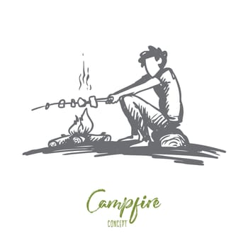 Boy, campfire, summer, rest, scout concept. Hand drawn boy sits near bonfire and roasts marshmallows concept sketch. Isolated vector illustration.