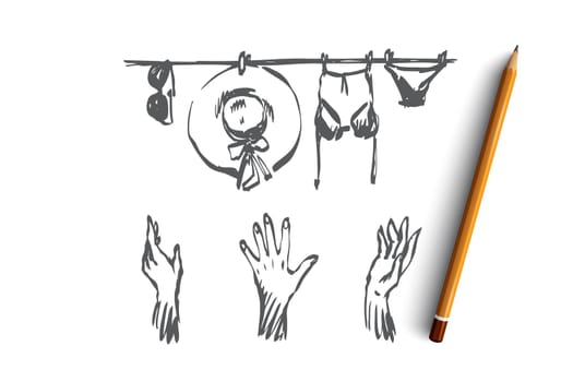 Summertime, swimsuit, hat, sunglasses concept. Hand drawn woman's hands try to take summer clothes concept sketch. Isolated vector illustration.
