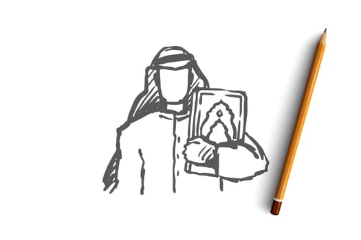 Man, Koran, religion, muslim, arabic, islam concept. Hand drawn young muslim man holds Koran concept sketch. Isolated vector illustration.