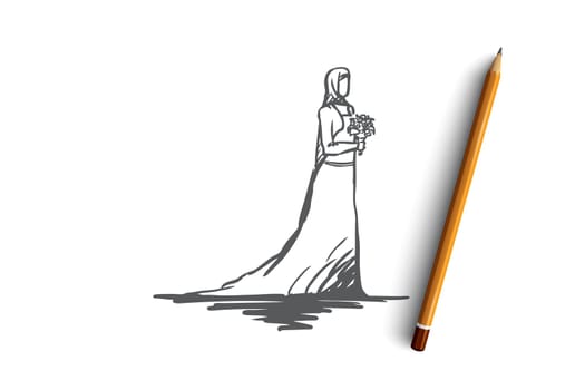Wedding, bride, muslim, arabic, islam concept. Hand drawn young bride in muslim wedding dress concept sketch. Isolated vector illustration.
