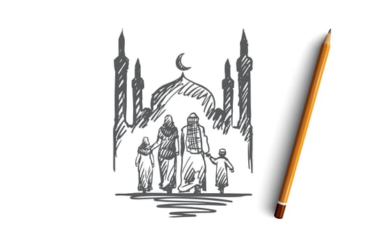 Religion, family, muslim, arabic, islam, mosque concept. Hand drawn traditional muslim family with kids concept sketch. Isolated vector illustration.