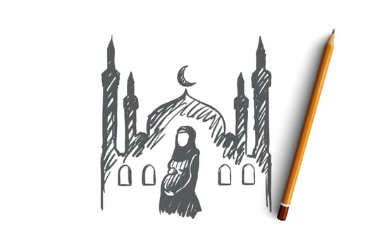 Religion, pregnancy, muslim, arabic, islam, mosque concept. Hand drawn pregnant muslim woman, mosque on background concept sketch. Isolated vector illustration