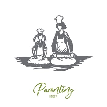 Mother, daughter, cooking, parenting concept. Hand drawn mom and daughter cooking together, Mother s day concept sketch. Isolated vector illustration.