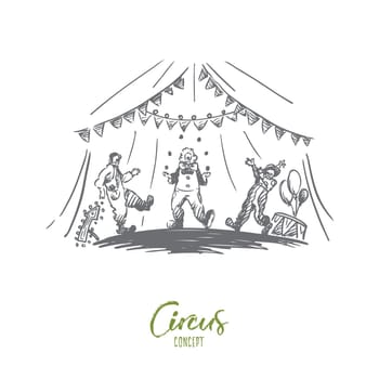 Arena, circus, clown, show concept. Hand drawn clowns do juggle show concept sketch. Isolated vector illustration.