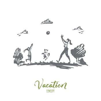 Mother, daughter, family, parenting, vacation concept. Hand drawn mom, daughter and dog play ball near lake concept sketch. Isolated vector illustration.