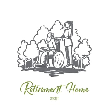 Retirement home, old man, elderly, pensioner, health concept. Hand drawn old man on wheelchair with social worker concept sketch. Isolated vector illustration.