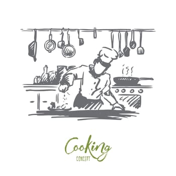 Cooking, chef, food, meal concept. Hand drawn chef preparing dish in restaurant concept sketch. Isolated vector illustration.