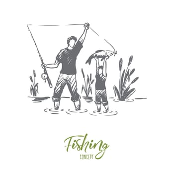 Fishing, father, son, family concept. Hand drawn dad and his son fishing together concept sketch. Isolated vector illustration.