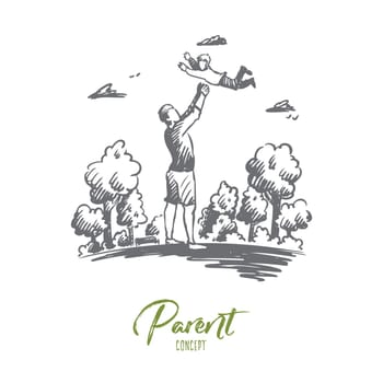 Child, father, parent, fun concept. Hand drawn dad playing with son outdoors concept sketch. Isolated vector illustration.