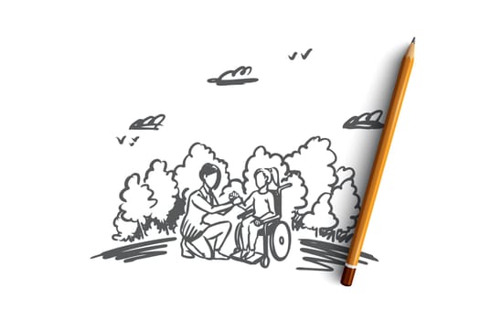 Invalid, disabled, help, medicine, hospital concept. Hand drawn woman on wheelchair with social worker concept sketch. Isolated vector illustration.