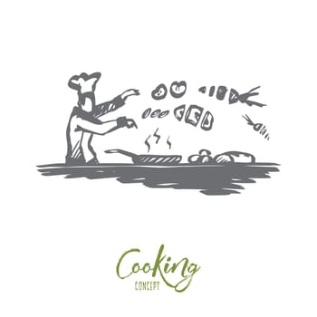 Cooking, chef, food, dish concept. Hand drawn chef cooking a delicious meal in cafe concept sketch. Isolated vector illustration.