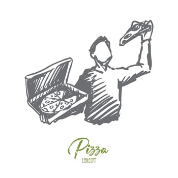 Pizza, man, dinner, food, italian concept. Hand drawn man eating whole pizza from box concept sketch. Isolated vector illustration.