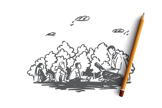 Teacher, education, knowledge, lesson concept. Hand drawn male teacher and pupils sitting outdoor concept sketch. Isolated vector illustration.