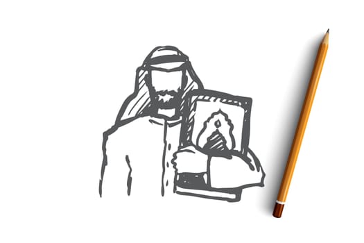 Man, Koran, religion, muslim, arabic, islam concept. Hand drawn muslim man with Koran book in hands concept sketch. Isolated vector illustration.