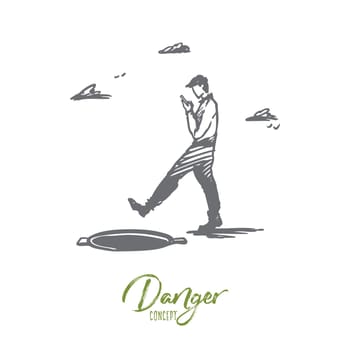 Danger, game, walking, hatch, attention concept. Hand drawn man with a gadget and opened hatch concept sketch. Isolated vector illustration.