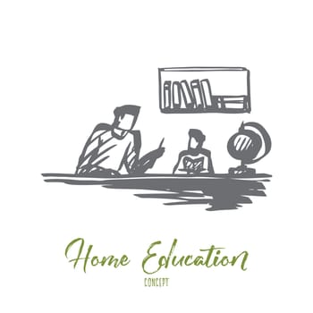 Father, son, helping, home education concept. Hand drawn dad helps to his son do homework, father s dayconcept concept sketch. Isolated vector illustration.
