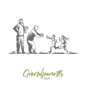 Grandparents, grandchildren, family, generation concept. Hand drawn happy big family with grandmother and grandfather concept sketch. Isolated vector illustration.