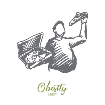 Pizza, man, fat, obesity, food, diet concept. Hand drawn fat man eating unhealthy food pizza concept sketch. Isolated vector illustration.