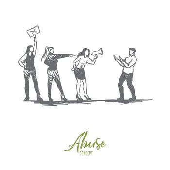 Women, sexual, harassment, abuse concept. Hand drawn women speaking in megaphone against sexual harassment concept sketch. Isolated vector illustration.