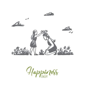 Mom, daughter, garden, happiness, family concept. Hand drawn mother and daughter playing in summer garden. Mother's day concept sketch. Isolated vector illustration.