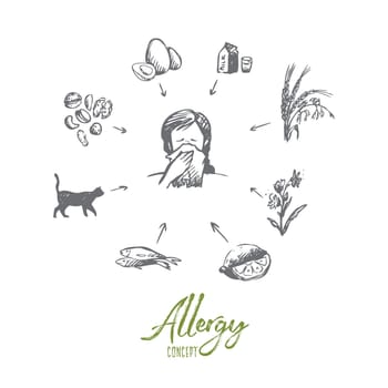 Allergy, sick, disease, sneeze concept. Hand drawn man has season allergy reaction concept sketch. Isolated vector illustration.