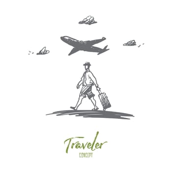 Traveler, walking, suitcase, airport concept. Hand drawn man walking with baggage in airport concept sketch. Isolated vector illustration.