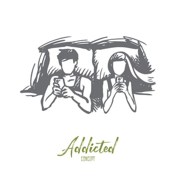 Couple, bed, smartphone, addicted concept. Hand drawn man and women couple lie in bed and looking at smartphones concept sketch. Isolated vector illustration.