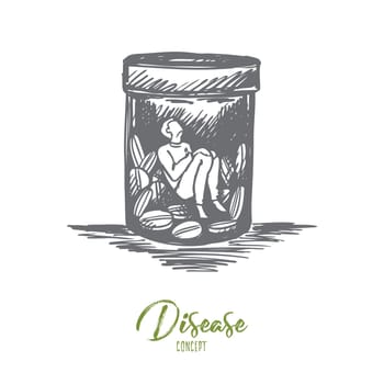 Painkiller, addiction, drugs, disease concept. Hand drawn man sitting inside of buttle with drugs or pills concept sketch. Isolated vector illustration.