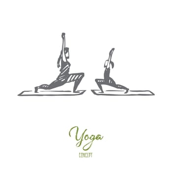 Mom, daughter, yoga, family concept. Hand drawn mother and daughter doing yoga exercises together concept sketch. Isolated vector illustration.